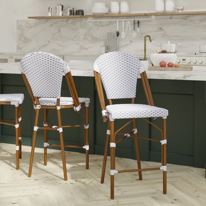 Bistro Counter Stool with Decorative White Leg Wraps and Navy Weave