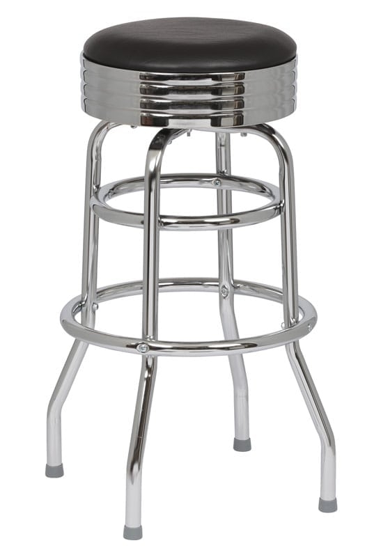 Black Bar Stool Double Ring Footrest Ribbed Apron Chrome