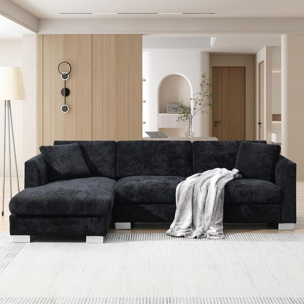 Black Chenille L-Shaped Sectional with Deep Seats and Silver Aluminum Feet