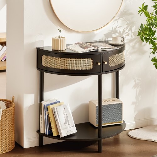 Black Console Table with Rattan Drawer Fronts and Gold Accents