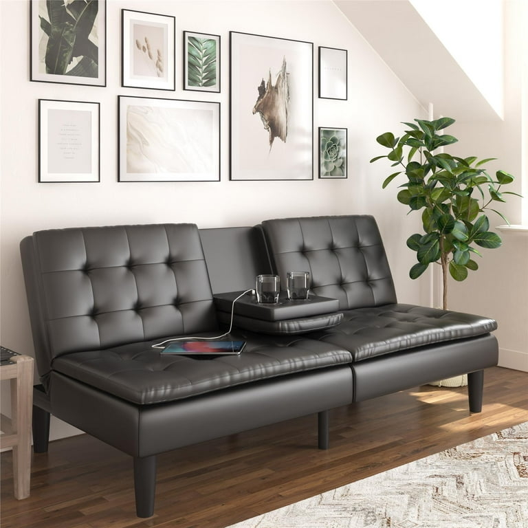 Black Faux Leather Futon with Cupholder Tray and USB Port, Tufted Seat
