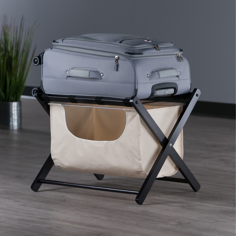 Black Folding Luggage Rack with Integrated Fabric Storage Basket
