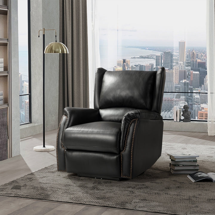 Black Genuine Leather Wingback Power Recliner Nailhead Trim