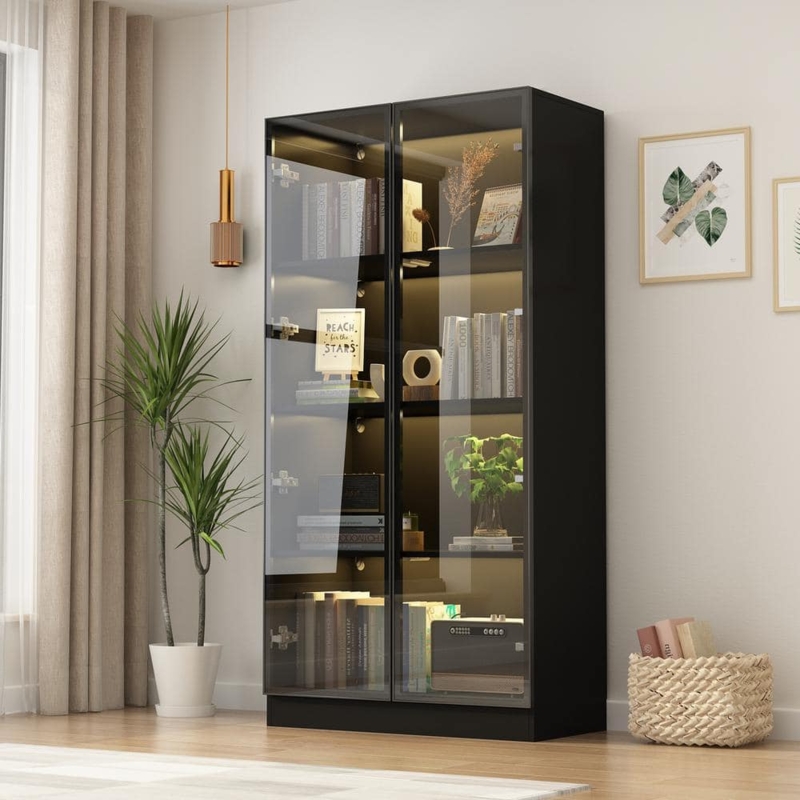 Black Glass Display Cabinet featuring Matte Finish and LED Lighting