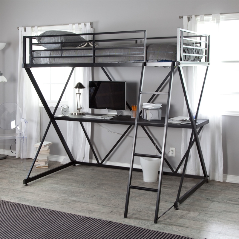 Black Industrial Loft Bed X-Brace Frame Slanted Ladder Desk