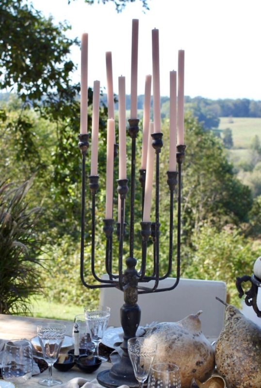 Black Iron and Wood Candelabra with Turned Base and 12 Taper Arms