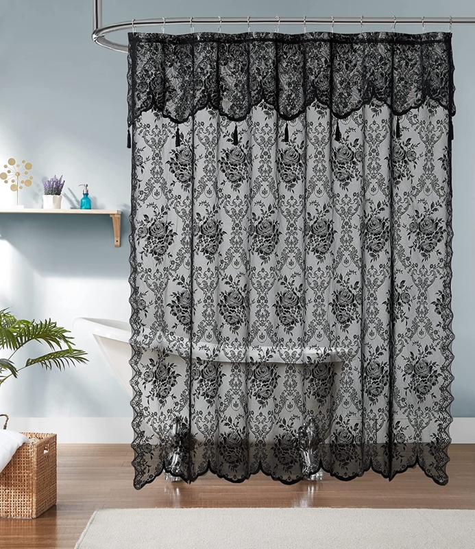 Black Lace Shower Curtain Valance Hanging Tassels Vintage Boho Style