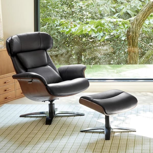 Black Leather Swivel Recliner with Curved Wood Shell and Ottoman