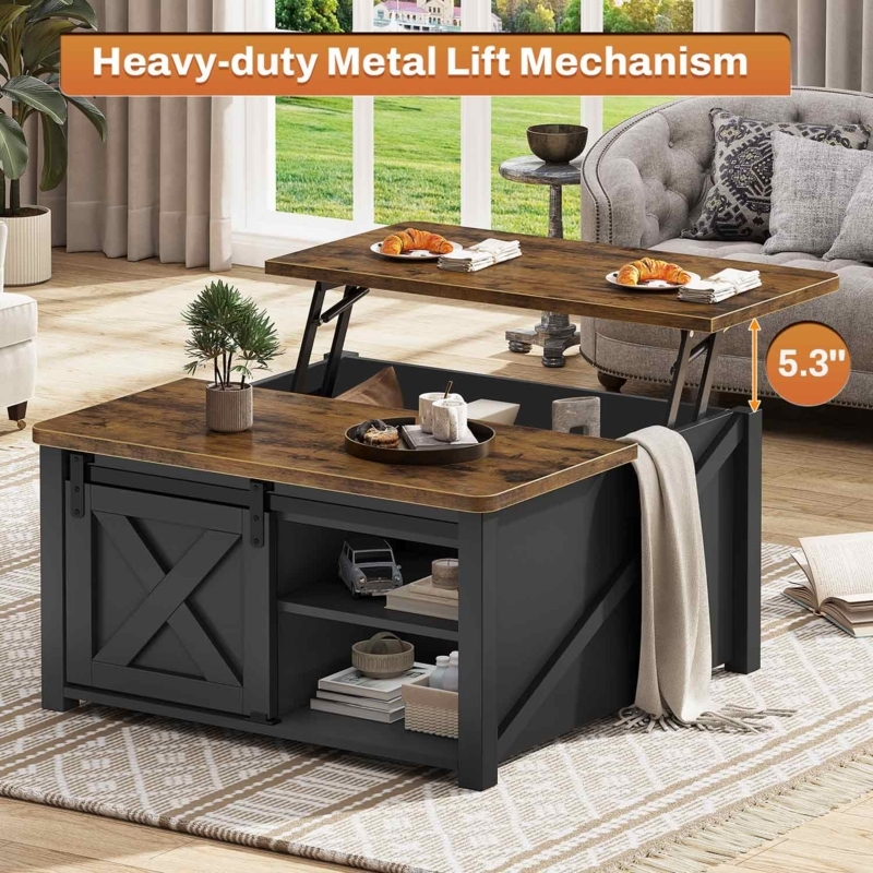 Black Lift Top Coffee Table featuring Dual Level Top Surface