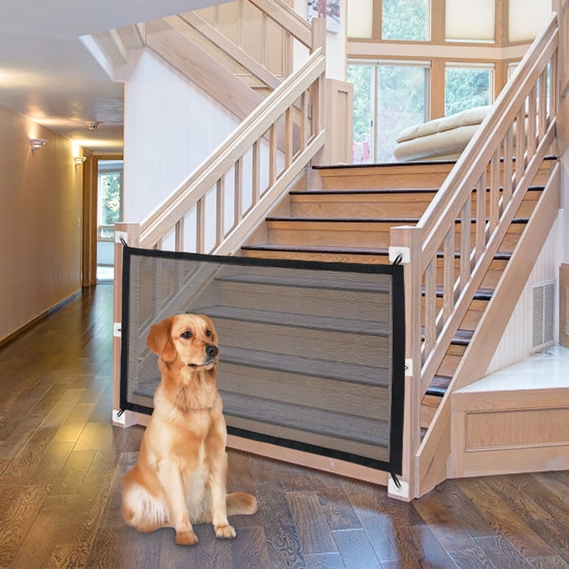 Black Mesh Pet Gate Adhesive Mount Six Point No Drill Barrier (72/75)