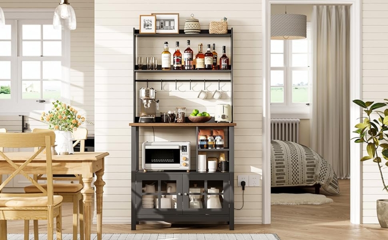 Black Metal Bakers Rack with Glass-Front Cabinet & Mug Hooks