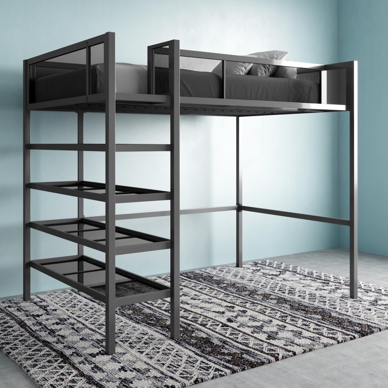 Black Metal Industrial Loft Bed with Mesh Guardrails and Bookshelf