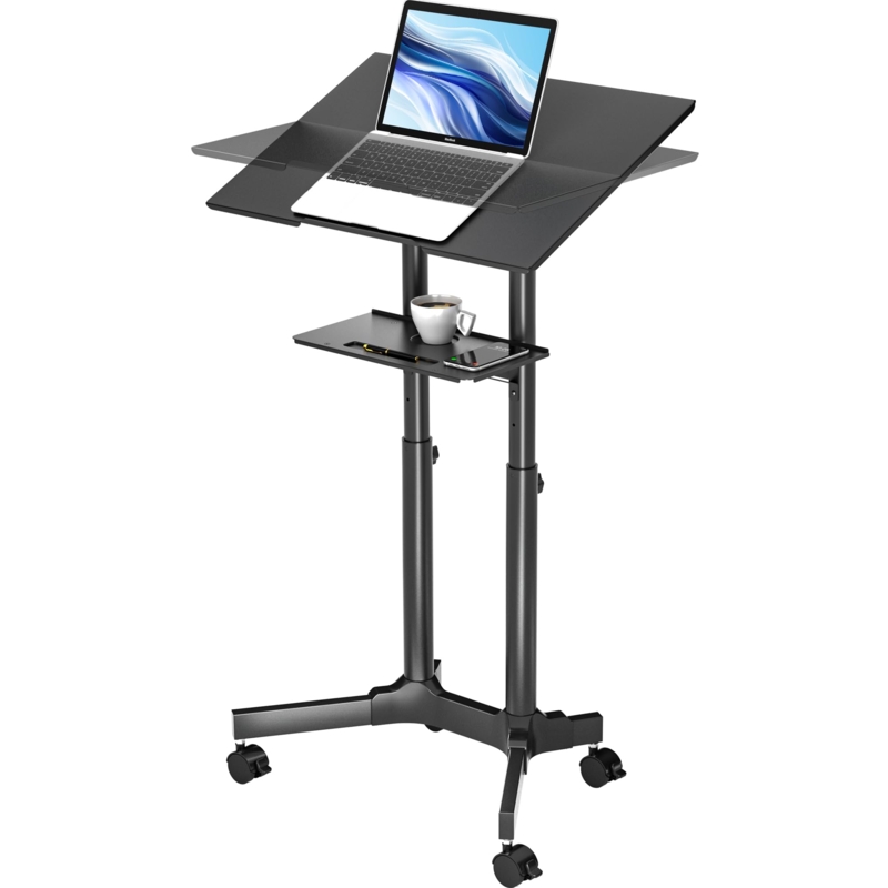Black Mobile Laptop Cart Slanted Podium Top Cup Holder