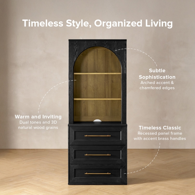 Black Oak Arched Hutch Dresser with Brass Pulls