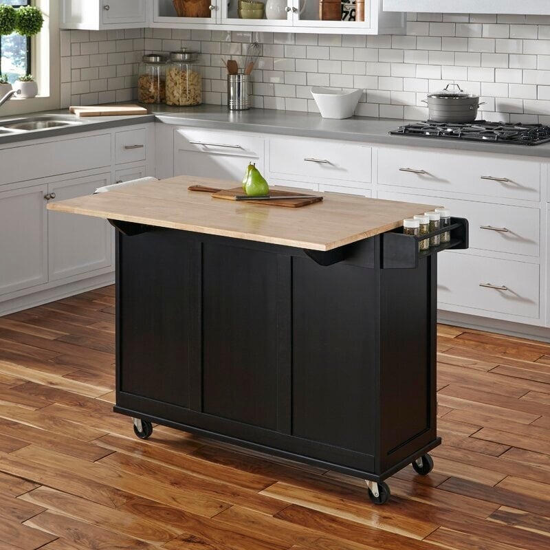 Black Rolling Kitchen Island with Drop Leaf & Spice Rack