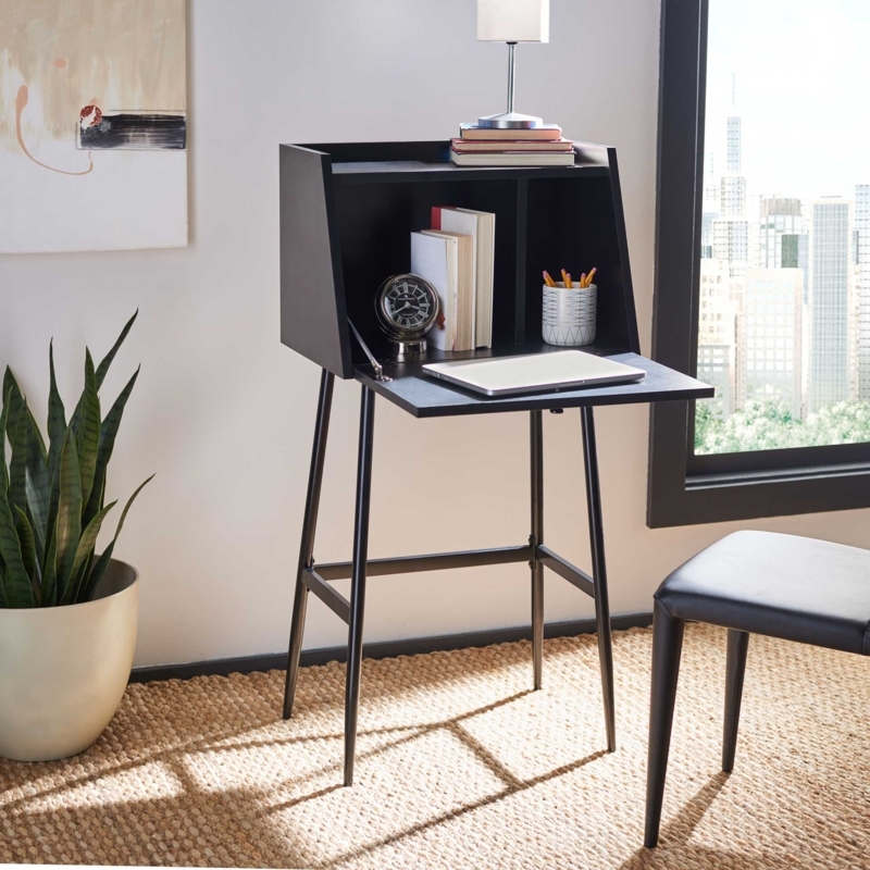 Black Secretary Desk, Metal Leg Frame, Cross-Bar Brace, Modern Style
