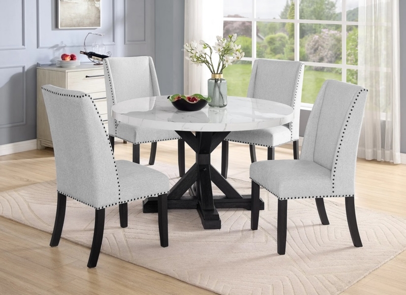 Black Trestle Dining Set 5-Piece Round with Nailhead Trim Chairs