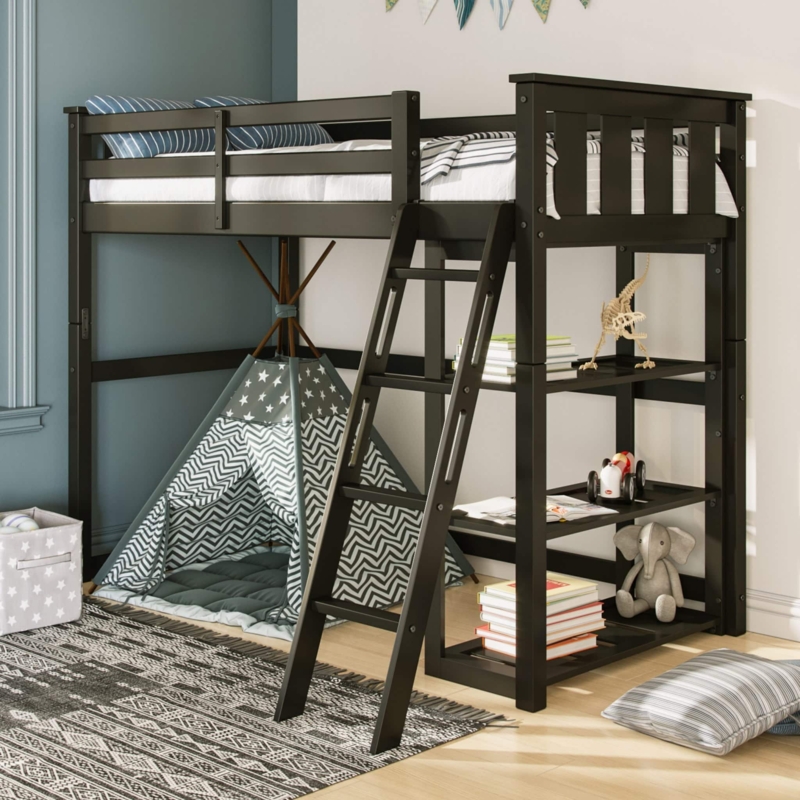 Black Twin Loft Bed with Integrated Bookshelf and Slatted Headboard