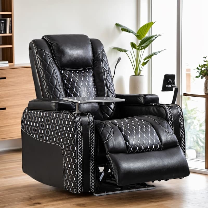 Black & White Diamond Quilted Power Recliner with Laptop Tray