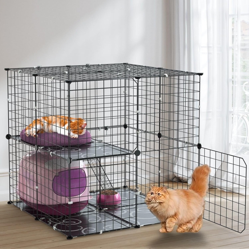 Black Wire Cat Playpen Modular Design with Swirl Pattern Base