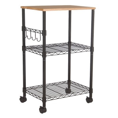 Black Wire Microwave Cart with Wood Top and Side Hooks