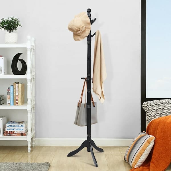 Black Wooden Coat Rack: Turned Wood Details, Matte Black Finish & Tripod Base