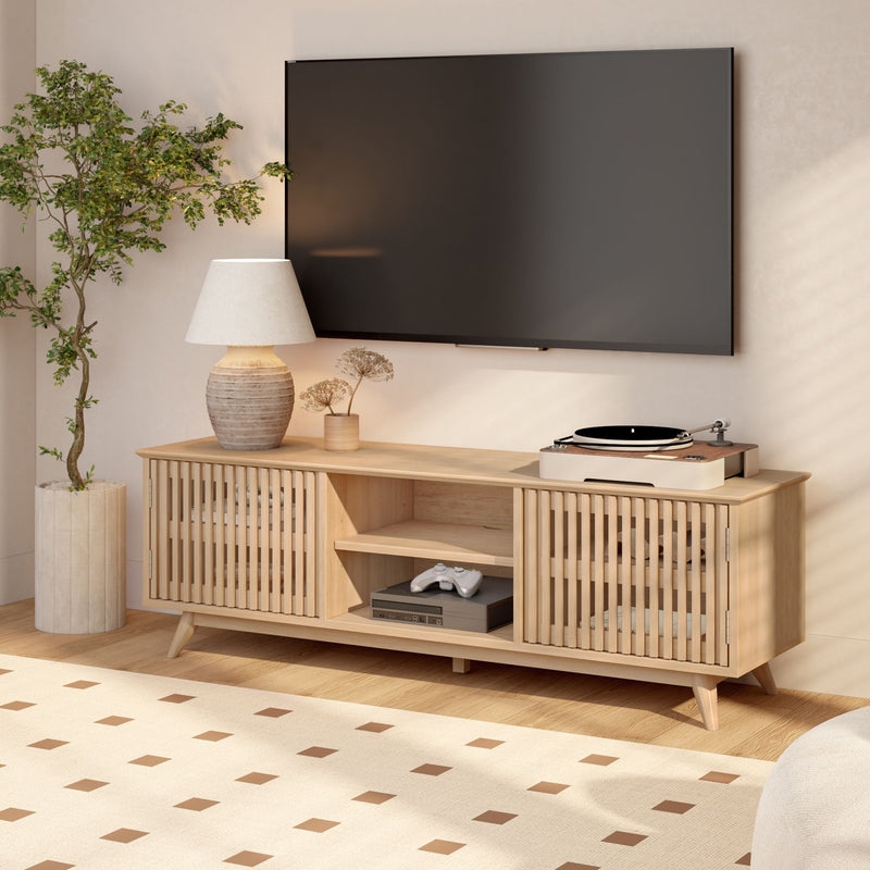 Blonde Wood Media Console with Slatted Doors and Tapered Legs