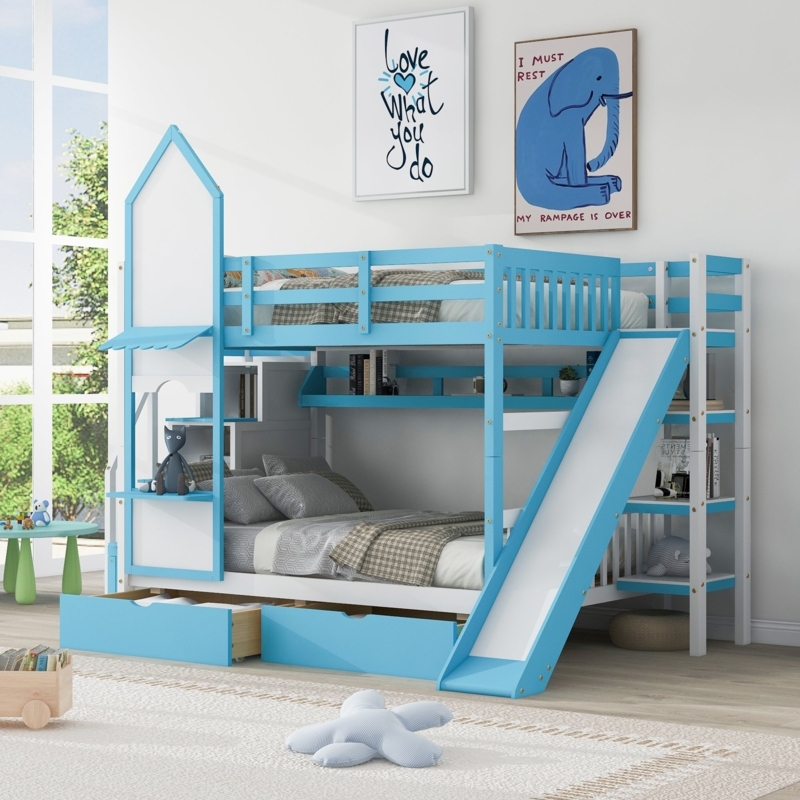 Blue Castle Bunk Bed with Integrated Slide and Storage Drawers