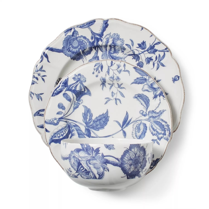 Blue Floral Dinnerware Set with Distressed Rim & Scalloped Edge
