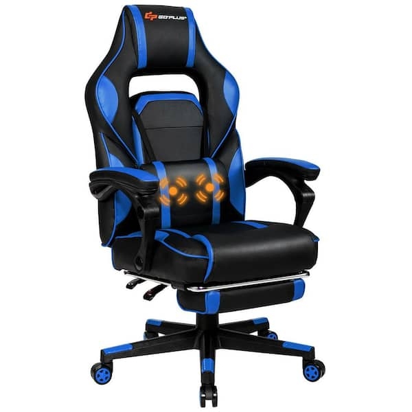 Blue Massage Gaming Chair with Vinyl Upholstery and Retractable Footrest