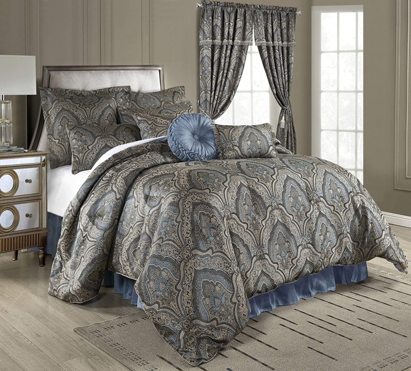 Blue Paisley Comforter Set: Round Pleated Pillow and Traditional Style