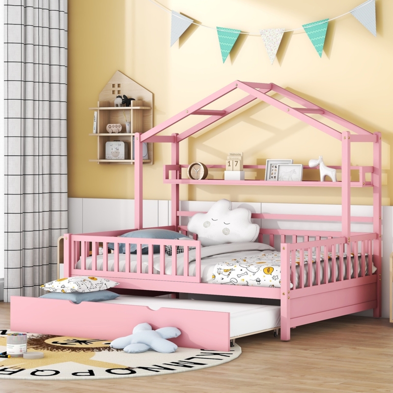 Blush Pink House Bed with Pull-Out Trundle and Shelving