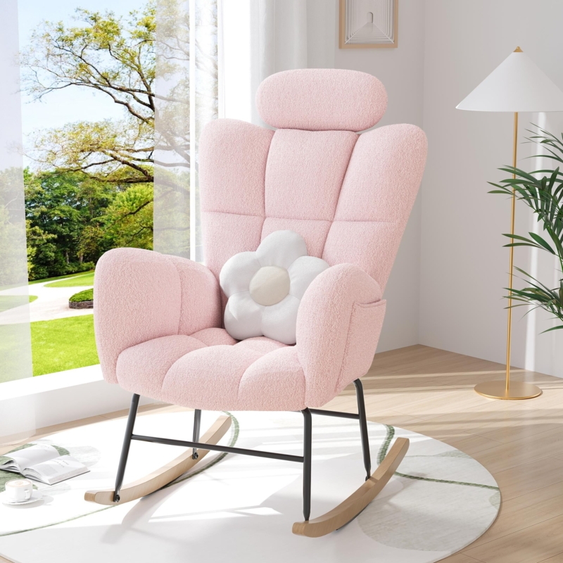 Blush Pink Teddy Fabric Rocking Chair with Flower Accent Pillow