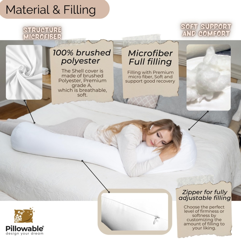 Body Pillow Brushed Polyester Adjustable Filling White