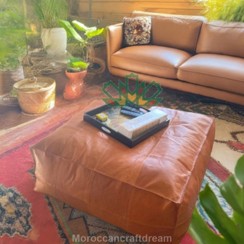 Bohemian Square Ottoman Leather Paneled Stitching Large Low Profile