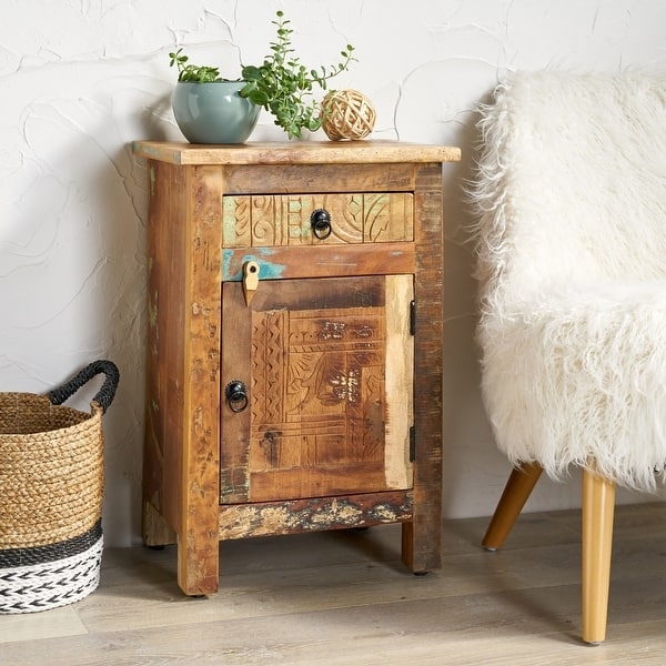 Boho Carved Nightstand Hand-Carved Patterns Ring Pulls