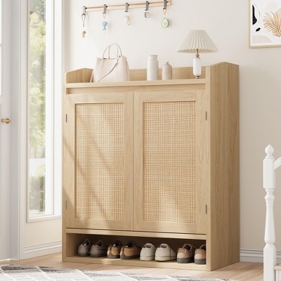 Boho Light Oak Shoe Cabinet with Woven Rattan Doors and Gallery Top