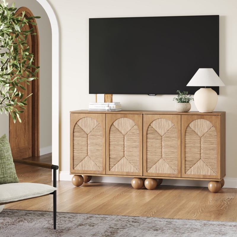 Boho Sideboard with Ball Feet Honey Oak and Arched Woven Panels