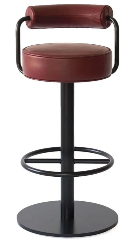Bolster Backrest Bar Stool, Burgundy Upholstery & Pedestal Base.