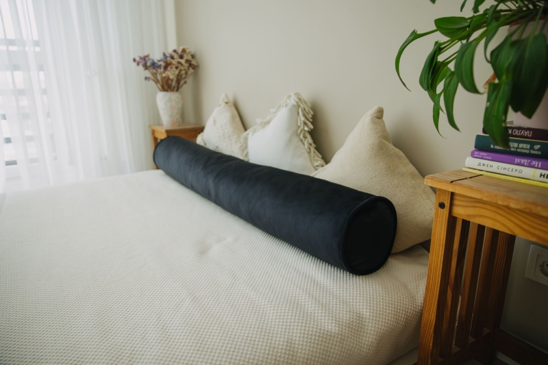 Bolster Pillow Black Velvet Extra Long Piping Detail