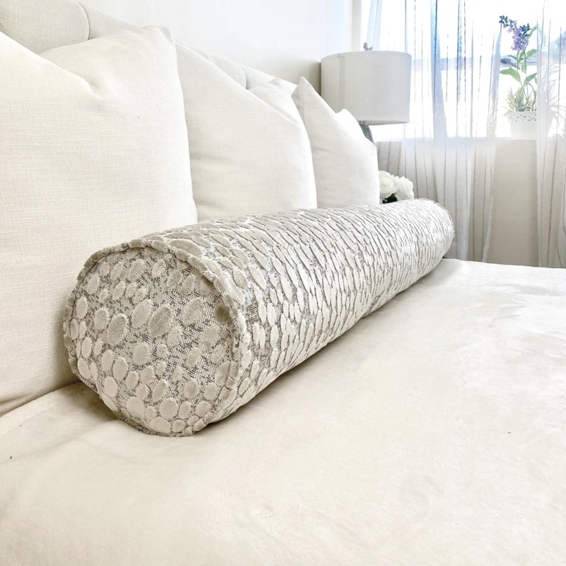 Bolster Pillow Ivory Pebble Texture Piped Velvet Cushion