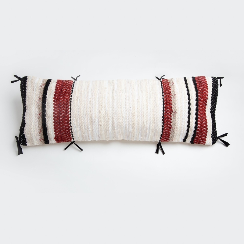 Bolster Pillow Rag Rug Weave Burgundy Stripes Ribbon