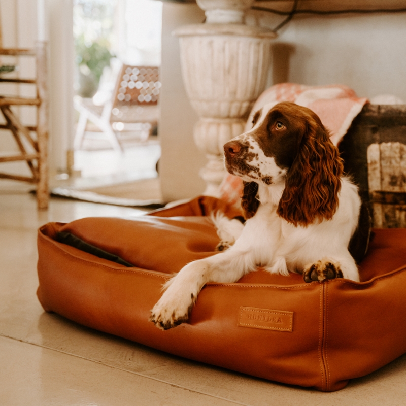 Bolstered Dog Bed in Cognac with Embossed Brand Patch
