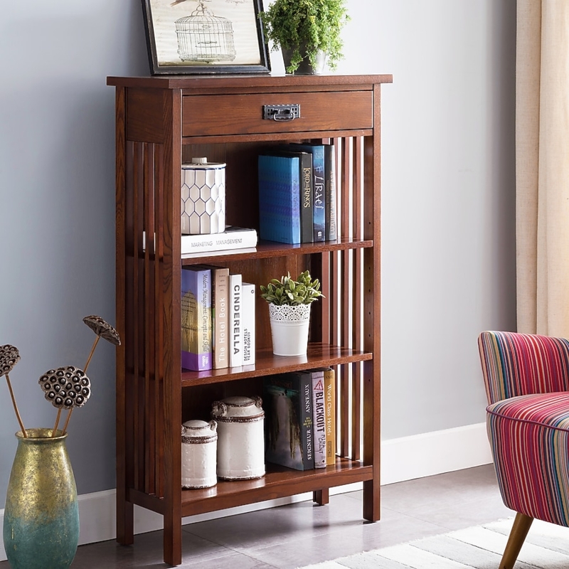 Bookcase Integrated Top Drawer Slatted Sides Metal Pull