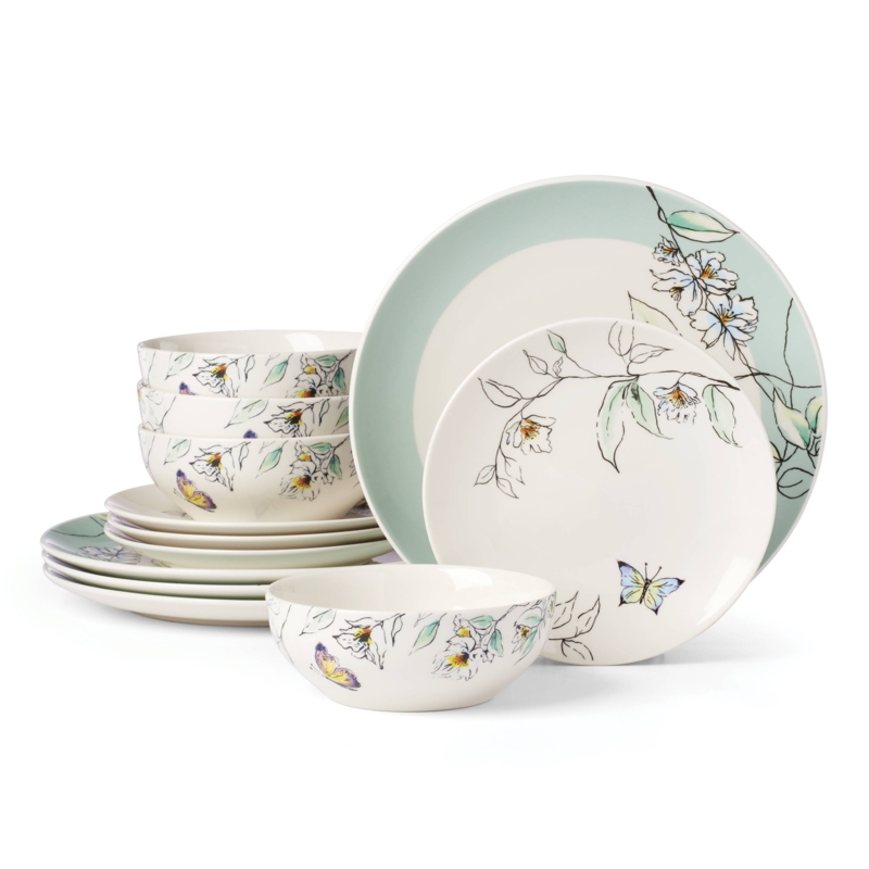 Botanical Dinnerware Set with Butterfly Sketches, Service for 4
