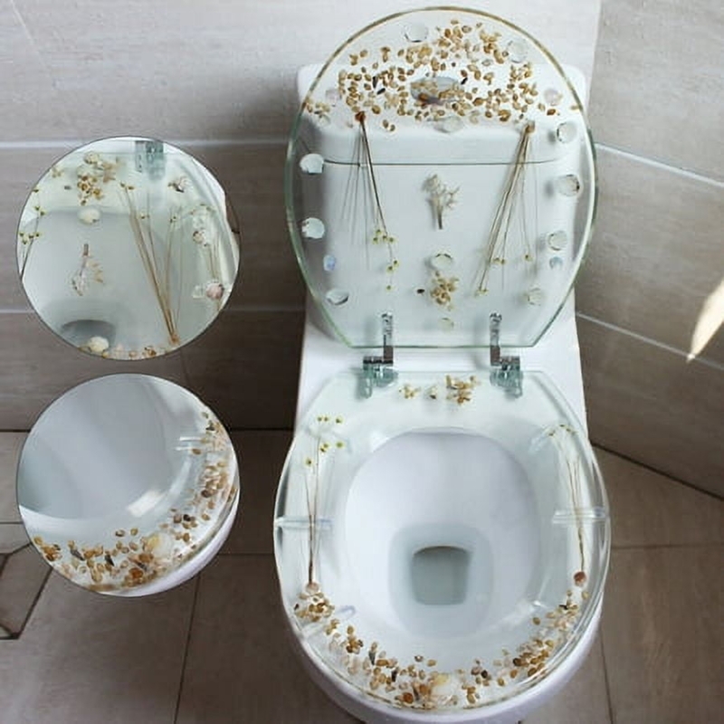 Botanical Resin Toilet Seat: Transparent Lid with Embedded Dried Plants.