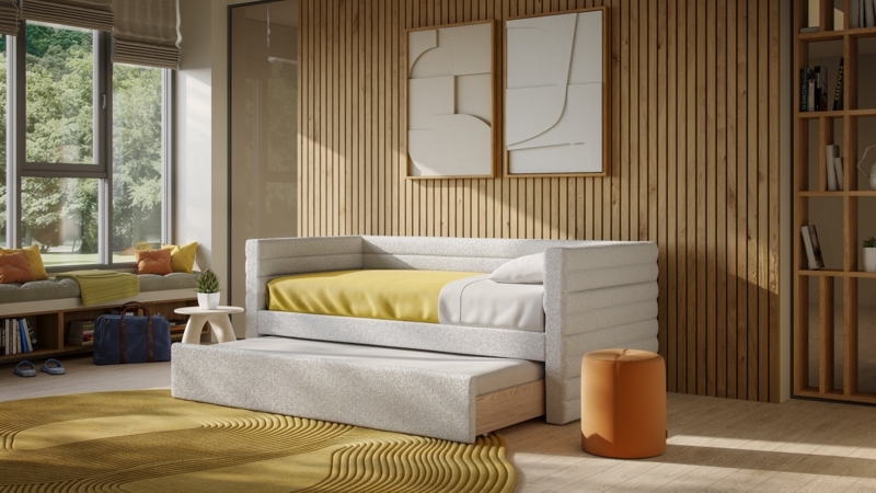 Boucle Daybed with Horizontal Channel Tufting and Trundle