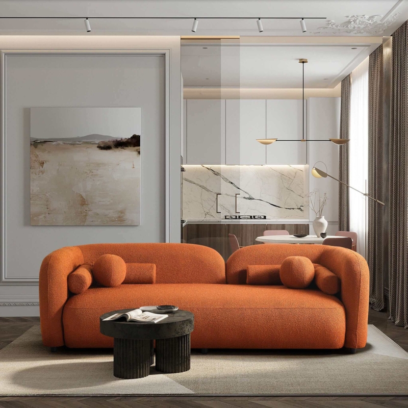 Boucle Sofa in Burnt Orange with Curved Silhouette