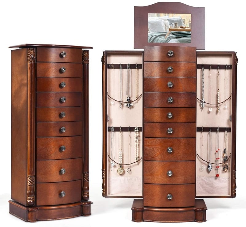 Bow Front Jewelry Armoire Walnut Finish Fluted Columns Swing Out Doors