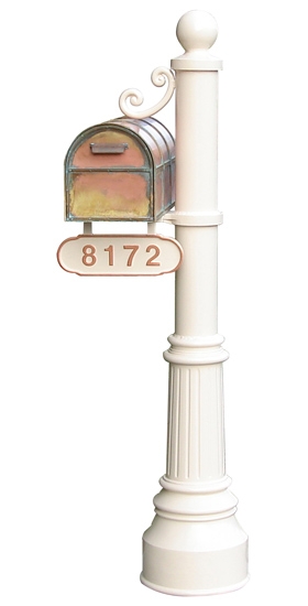 Brass Toned Mailbox on Off-White Fluted Base Post with Scrolled Arm